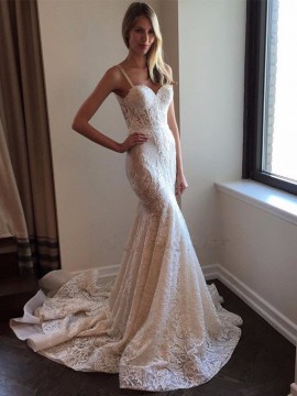 Mermaid Spaghetti Straps Court Train Lace Wedding Dress with Appliques 