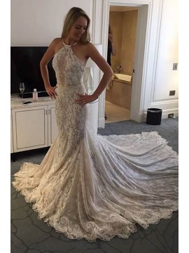 Mermaid Halter Court Train Lace Wedding Dress with Belt