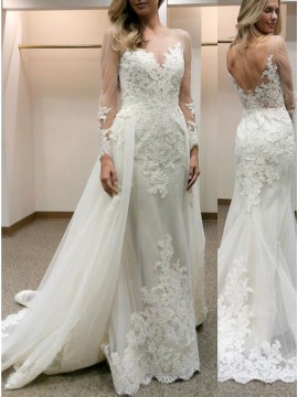 Sheath Illusion Bateau Neck Long Sleeves Wedding Dress with Lace Detachable Train