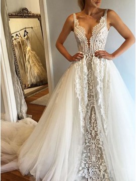 A-Line Deep V-Neck Sleeveless Court Train Wedding Dress with Lace