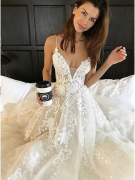 A-Line Spaghetti Straps Court Train Backless Wedding Dress with Appliques