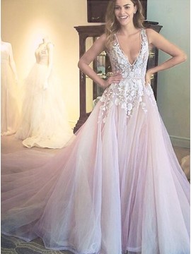 A-line Deep V-Neck Court Train Open Back Wedding Dress with Appliques