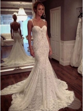 Mermaid Spaghetti Straps Backless Court Train Lace Wedding Dress with Appliques