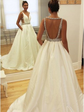 Ball Gown Deep V-Neck Open Back Ivory Sexy Wedding Dress with Beading Pockets