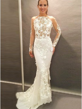 Mermaid Round Long Sleeves Open Back Wedding Dress with Appliques