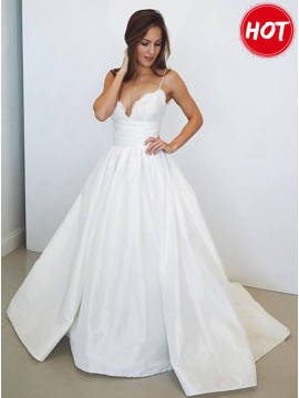 A-Line Spaghetti Straps Long Satin Wedding Dress with Lace