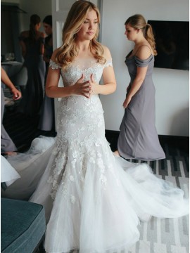 Mermaid Off-the-Shoulder Court Train Tulle Wedding Dress with Appliques