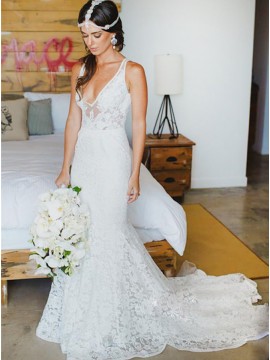 Mermaid Deep V-neck Court Train Lace Sexy Beach Wedding Dress