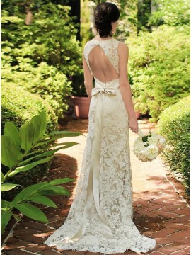 Sheath V-Neck Open Back Elegant Ivory Long Wedding Dress with Sashes