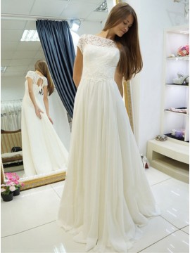 A-Line Bateau Short Sleeves Lace-Up Chiffon Wedding Dress with Lace
