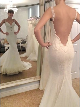 Mermaid Straps Backless White Tulle Wedding Dress with Lace