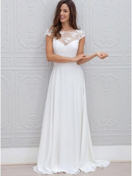 A-Line Bateau Cap Sleeves Open Back Chiffon Wedding Dress with Lace