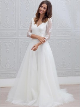 A-Line V-Neck Open Back 3/4 Sleeves Beach Wedding Dress with Lace