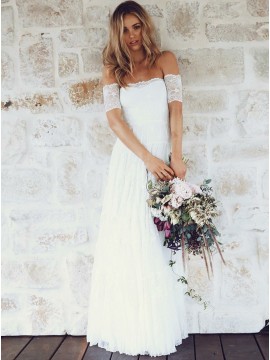 A-Line Off-the-Shoulder Short Sleeves Lace Boho Wedding Dress