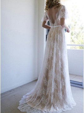 A-Line V-Neck Sweep Train Light Champagne Lace Boho Wedding Dress