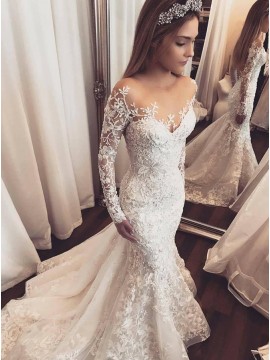 Mermaid Illusion Round Neck Long Sleeves Wedding Dress with Appliques