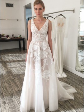 A-Line V-Neck Sweep Train Ivory Tulle Wedding Dress with Embroidery