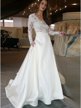 A-Line V-Neck Long Sleeves Satin Wedding Dress with Lace Pockets