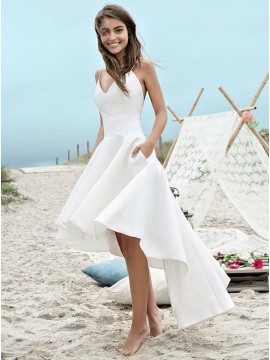 High Low Spaghetti Straps Backless Satin Beach Wedding Dress with Pockets