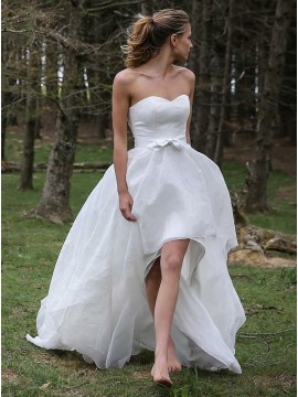 High Low Sweetheart Organza Appliques Beach Wedding Dress with Sashes 