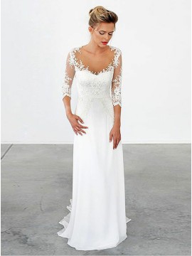 A-Line Illusion Scoop 3/4 Sleeves Chiffon Wedding Dress with Appliques
