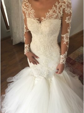 Mermaid Scoop Long Sleeves Court Train Wedding Dress With Appliques Beading