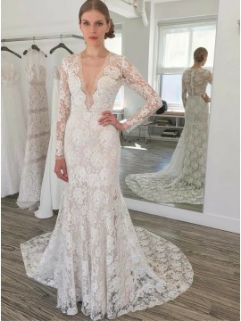 Sheath V-Neck Long Sleeves Sweep Train Lace Wedding Dress