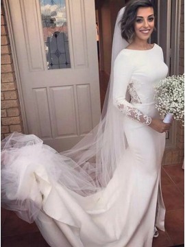 Mermaid Bateau Backless Long Sleeves Slit Leg Wedding Dress with Lace