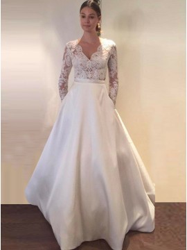 A-Line Scalloped-Edge Long Sleeves Satin Wedding Dress with Pockets Lace