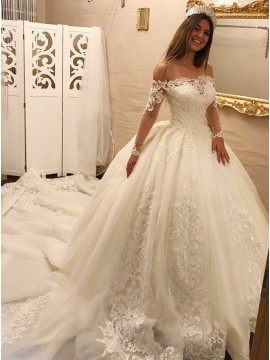 Ball Gown Off-the-Shoulder Long Sleeves Court Train White Wedding Dress with Appliques