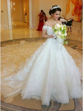 Ball Gown Off Shoulder Chapel Train Lace Wedding Dress with Beading Appliques