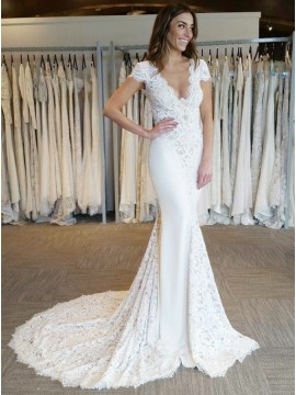 Elegant Mermaid Scalloped-Edge Cap Sleeves Backless Wedding Dress with Lace