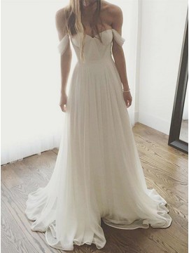A-Line Off-the-Shoulder White Chiffon Simple Wedding Dress with Pleats