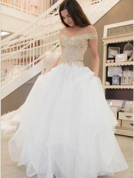 A-Line Off-the-Shoulder Tiered Tulle Wedding Dress with Appliques