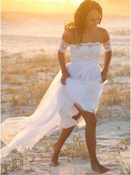 A-Line Strapless Short Sleeves Tulle Beach Wedding Dress with Lace