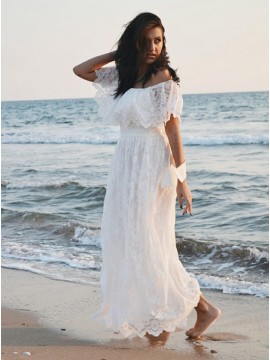 A-Line Off-the-Shoulder Boho Lace Beach Wedding Dress with Ruffles