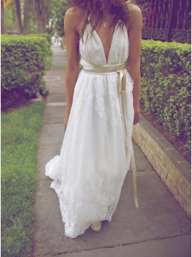 A-Line Deep V-Neck Backless Sexy Wedding Dress with Lace Sashes