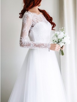 A-line Bateau Long Sleeves Decent White Tulle Wedding Dress with Lace