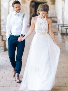 A-line Straps White Long Tulle Beach Wedding Dress with Lace Sashes