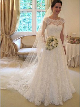 A-line Cap Sleeves Elegant White Lace Long Wedding Dress with Sashes 