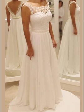 A-line Long Chiffon Beach Wedding Dress with Lace Beading Sashes