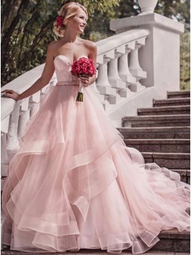 A-line Sweetheart Tiered Pink Long Wedding Dress with Sashes