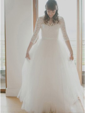A-line V-Neck Three Quarter Lace Sleeves Long Tulle Wedding Dress