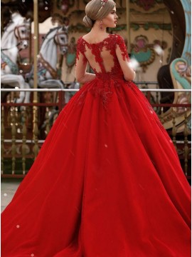 Ball Gown V-neck Long Sleeves Red Tulle Wedding Dress with Appliques