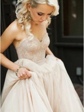 A-line Sweetheart Light Champagne Beach Wedding Dress with Lace Sashes