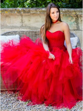 A-line Sweetheart Floor-Length Red Wedding Dress with Lace Flowers