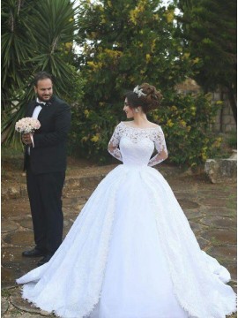 Ball Gown Off-the-Shoulder Long Sleeves White Wedding Dress with Pleats