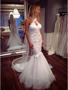 Mermaid Round Neck Keyhole Gorgeous Wedding Dress with Lace