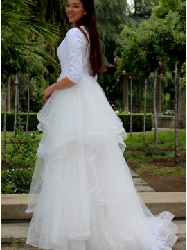 A-line Half Sleeves Tiered Beach Wedding Dress with Lace Appliques