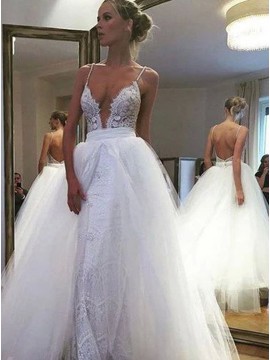 A-Line Strapless Backless Tulle Beach Wedding Dress with Lace